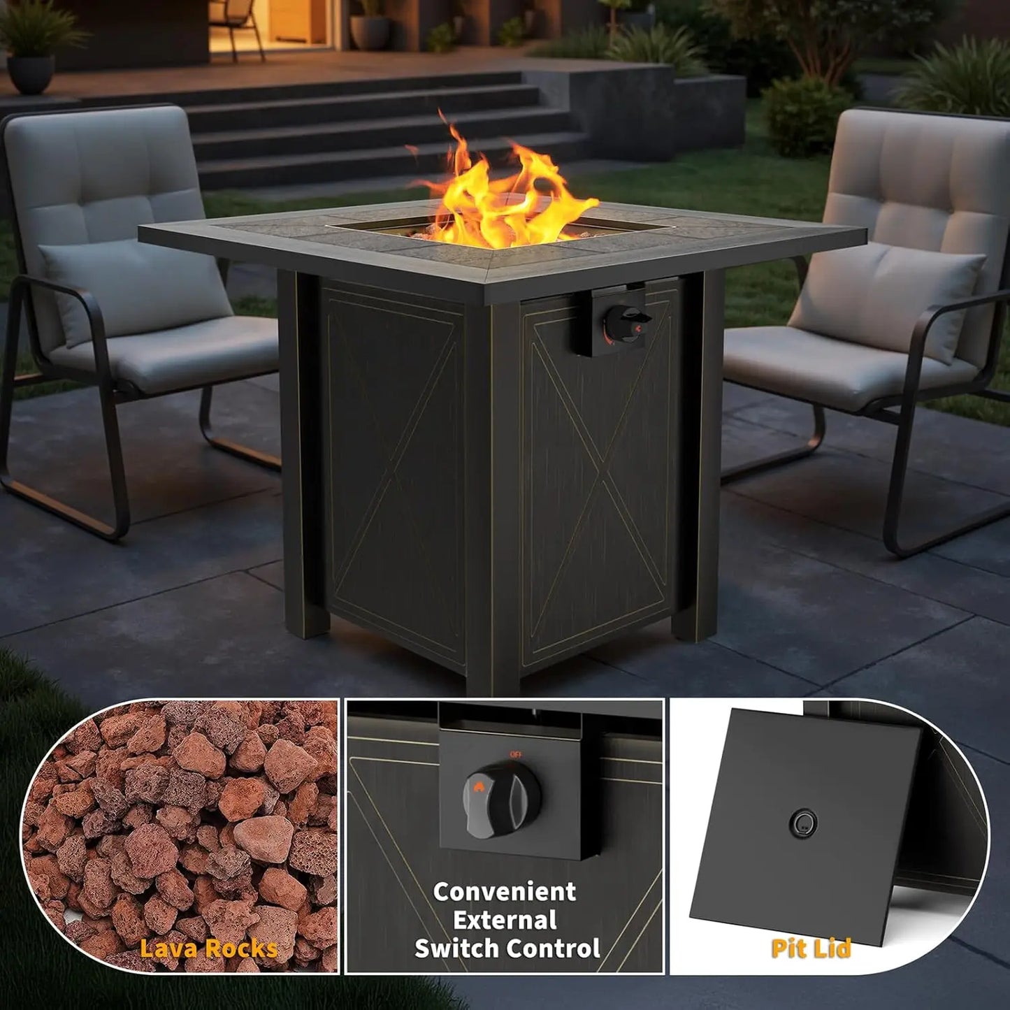 Premium Ceramic Tabletop Propane Fire Pit 50000 BTU With Lid And Lava