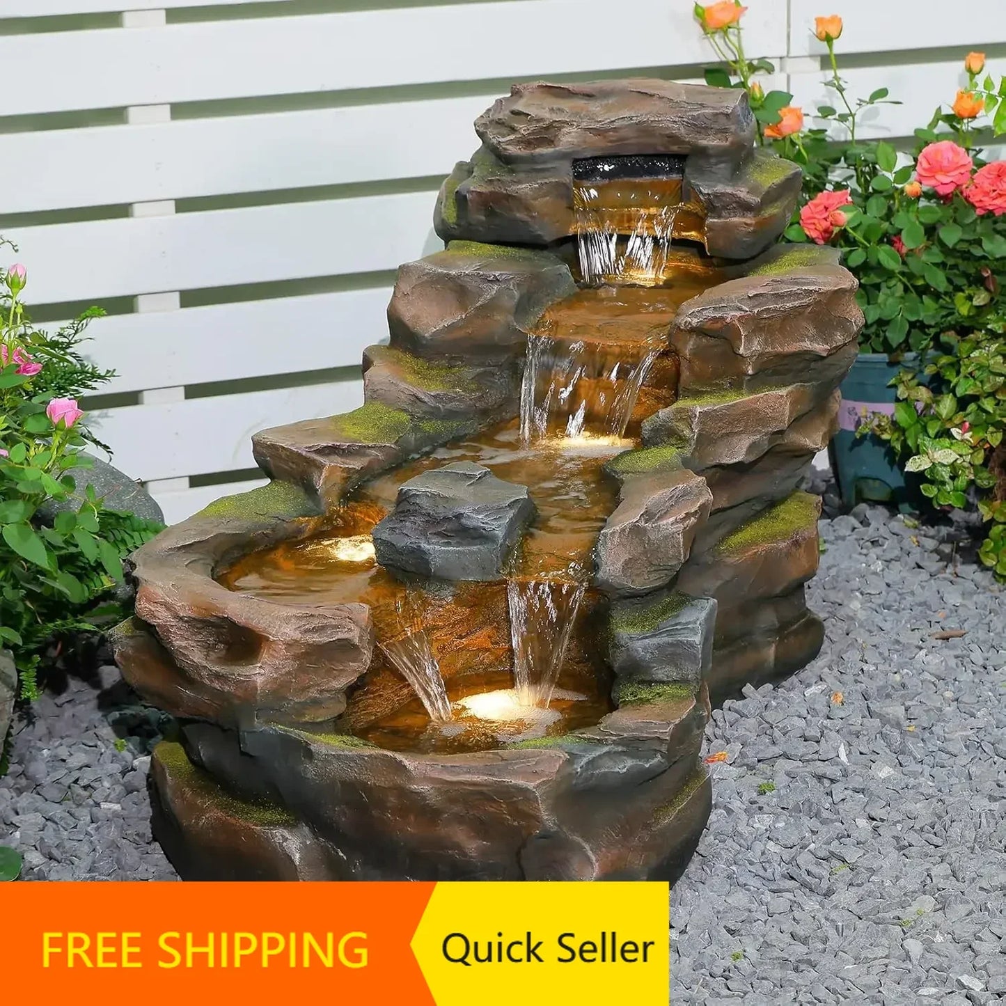 hot-sale productsBestsellerWater Fountain Outdoor Floor Standing 5-Tiers Rock Natural Waterfall Outdoor Garden Fountains with LE