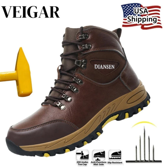 VEIGAR Indestructible Waterproof Leather Work Safety Boots For Men AntiPuncture