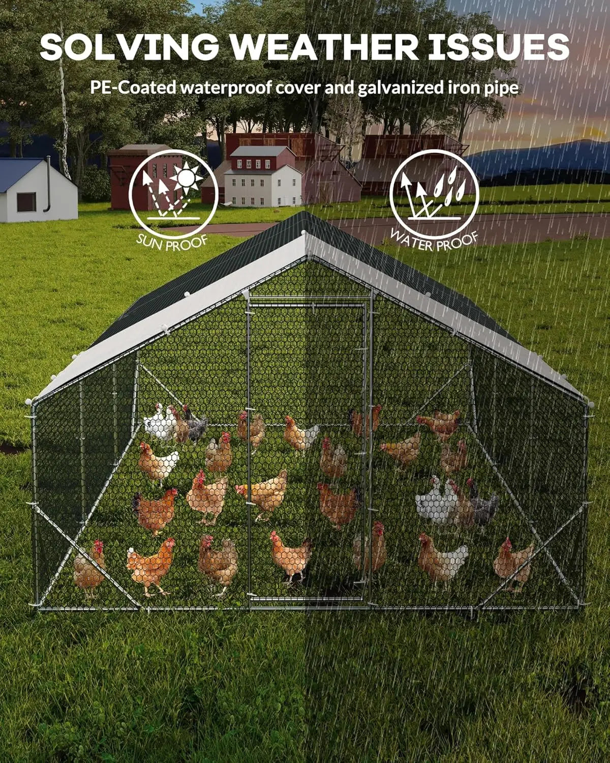 Chicken Coop Large Metal Chicken Run Walk-in Poultry Cage Pen w/ Anti-UV and Waterproof Cover for Duck Rabbits Yard Outdoor Farm