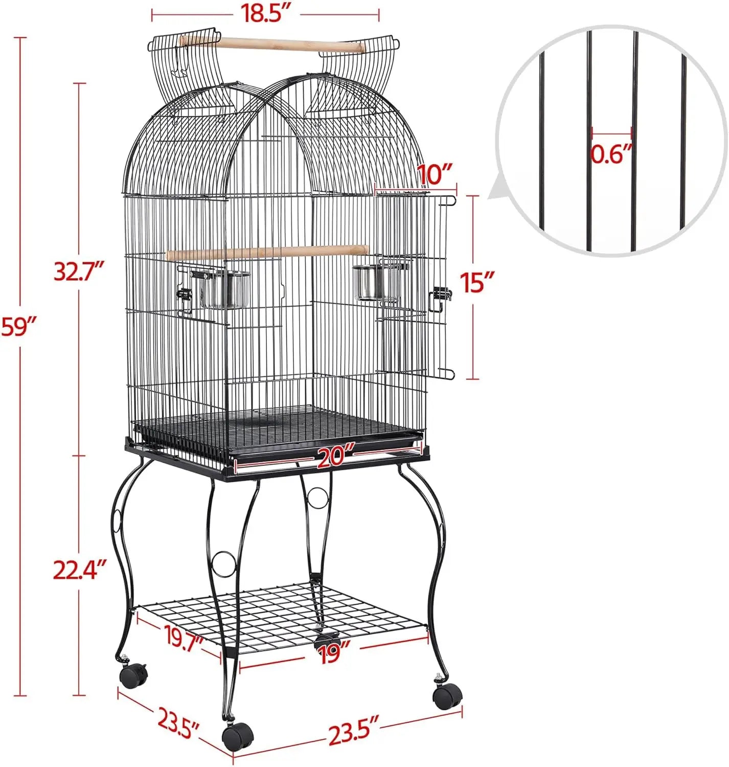 59-Inch Rolling Standing Medium Dome Open Top Bird Cage for Parrots Cockatiels Sun Conures Parakeets