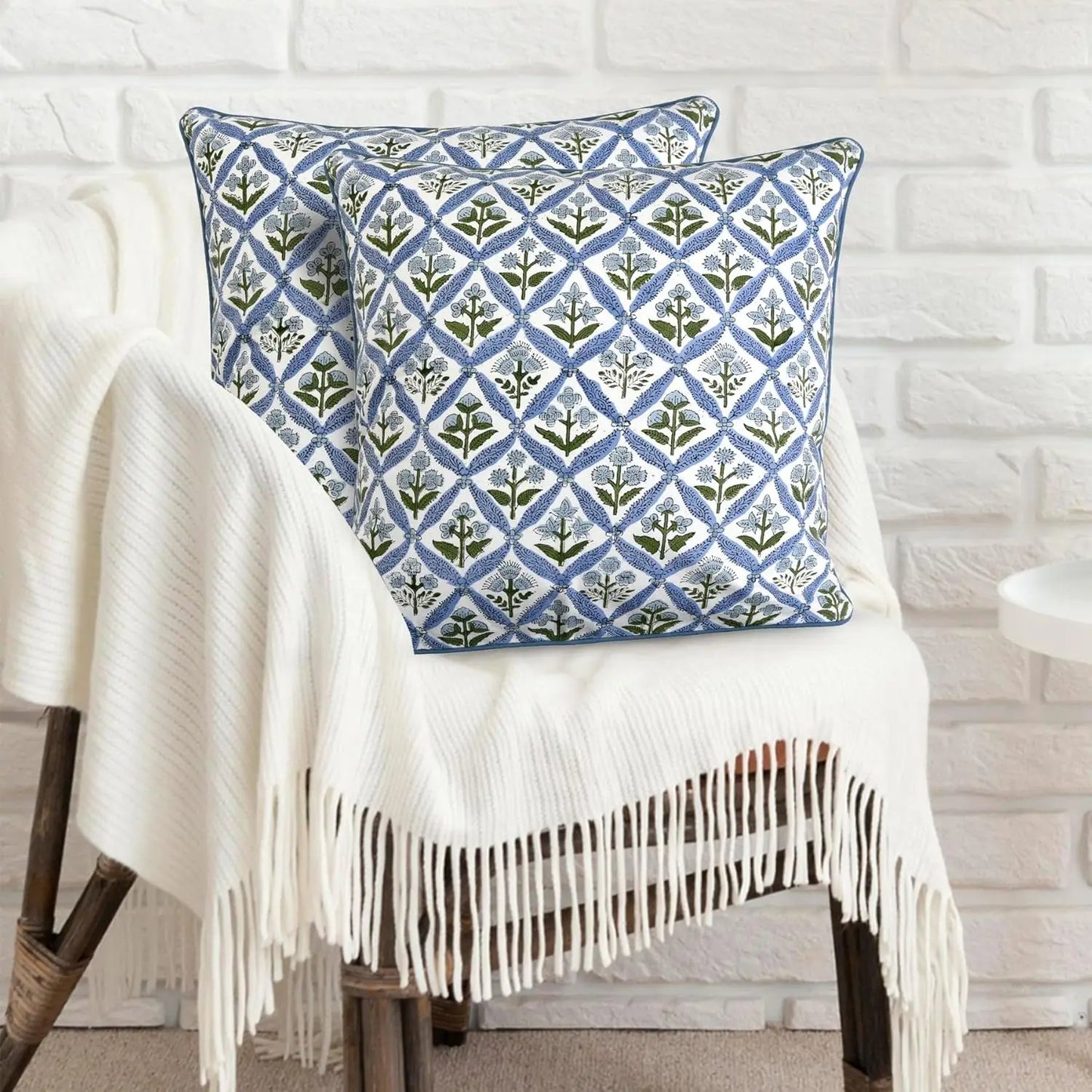 Light Steel Blue Block Print Pillow Cover 20x20 Inches Pack of 2, Decorative Boho Couch Pillows for Living Room and Outdoor Use