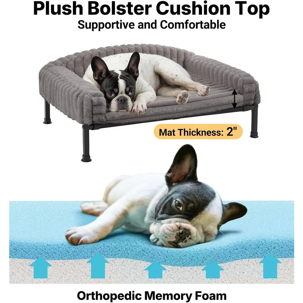Elevated Dog Bed with Bolster Cushion, Plush Dog Couch Beds for Small Dogs, Washable Raised Pet Cot with Non-Slip Feet for Indoo