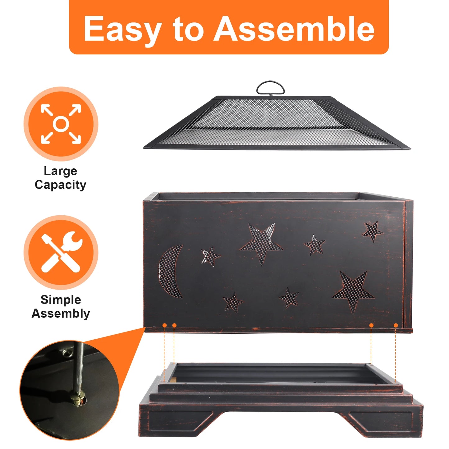 Square Wood Burning Fire Pit With Grill And Spark Screen