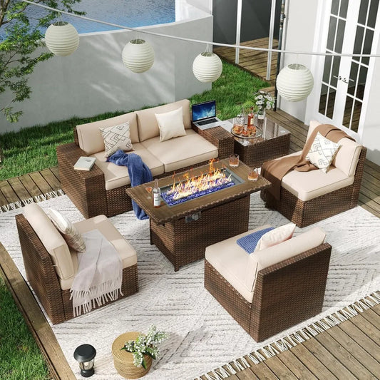 7 Piece Patio Furniture Set with 44 Inch Fire Pit Table Outdoor Wicker Parlor Set with Thick Cushions