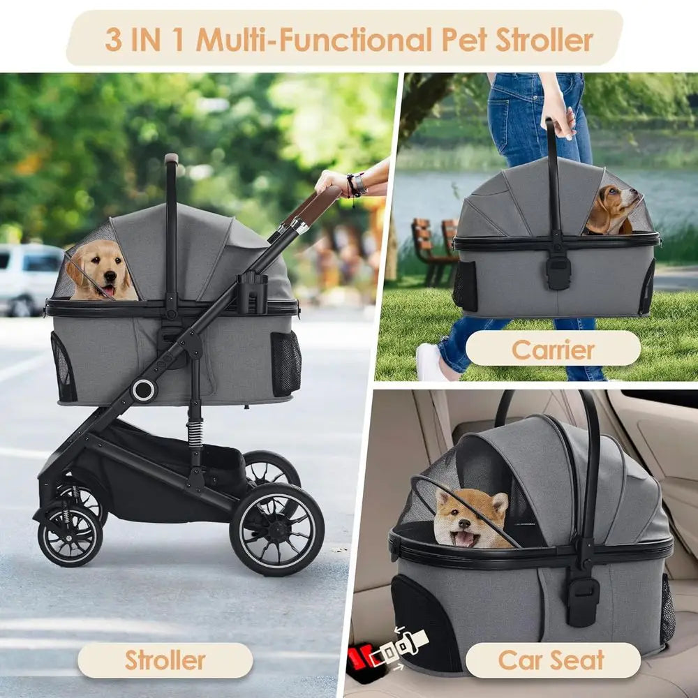 4-Wheel Folding Pet Stroller for Small/Medium Dogs & Cats up to 50lbs, Lightweight Travel Carrier with Detachable Cushion
