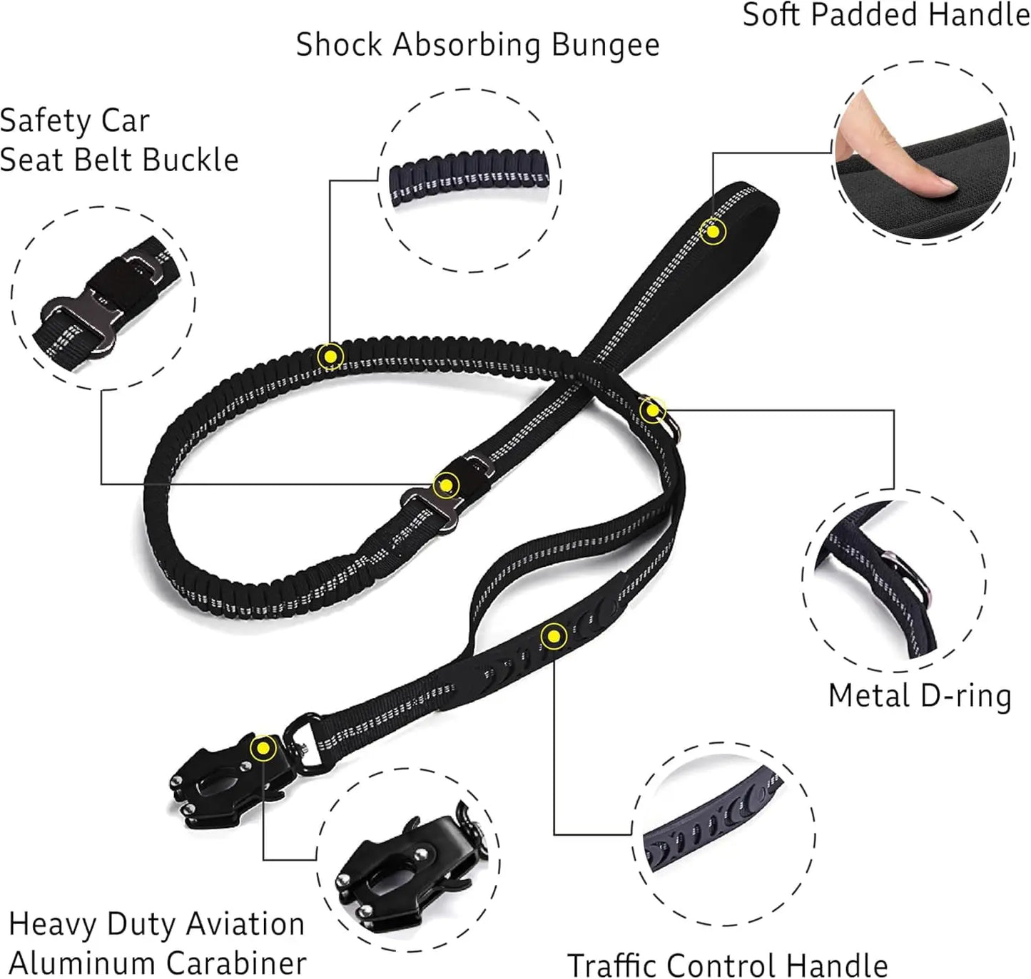 Reflective Shock Absorbing Tactical Dog Leash With Car Seatbelt