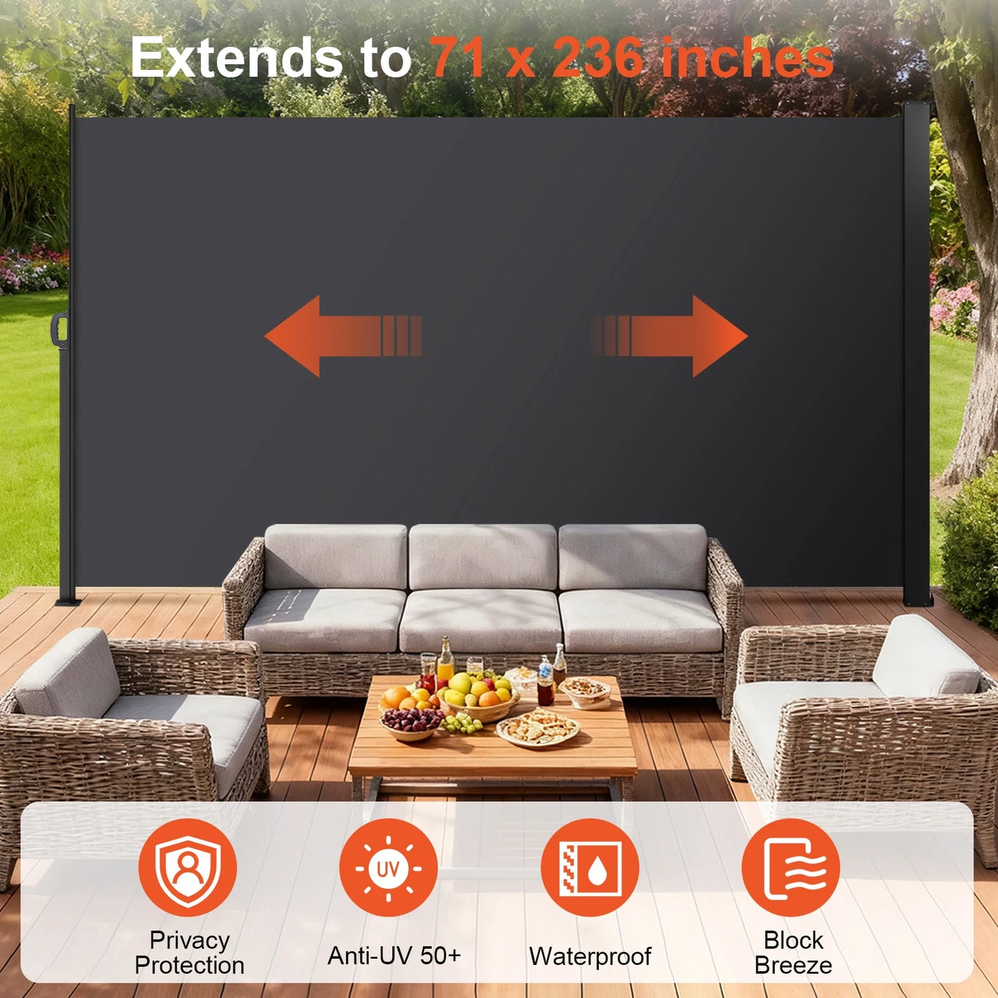 Retractable Side Awning Polyester Screen Folding Room Divider Fence Iron Base with PU Coating for Garden Backyard Terrace Indoor