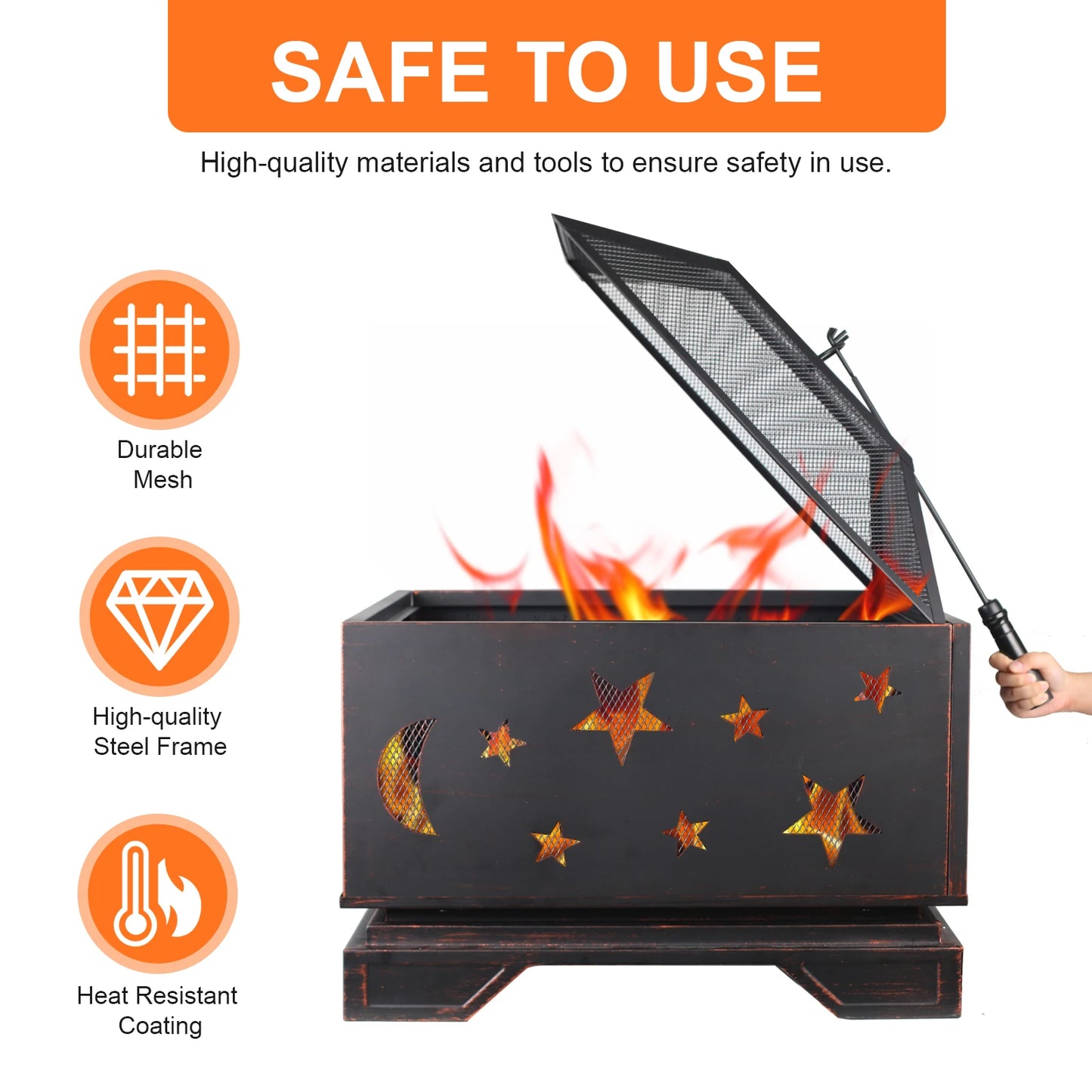 Square Wood Burning Fire Pit With Grill And Spark Screen