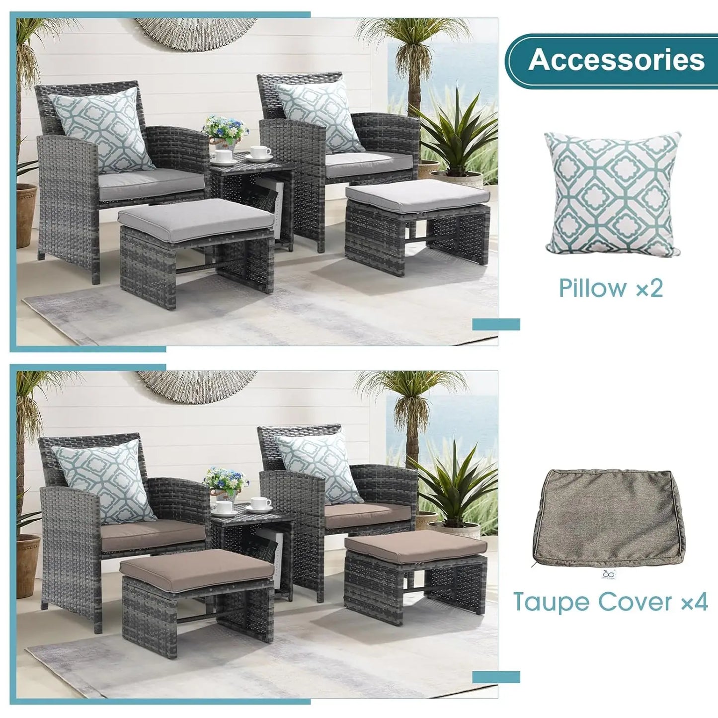 5 Piece Patio Set Wicker Outdoor Conversation Chair And Ottoman