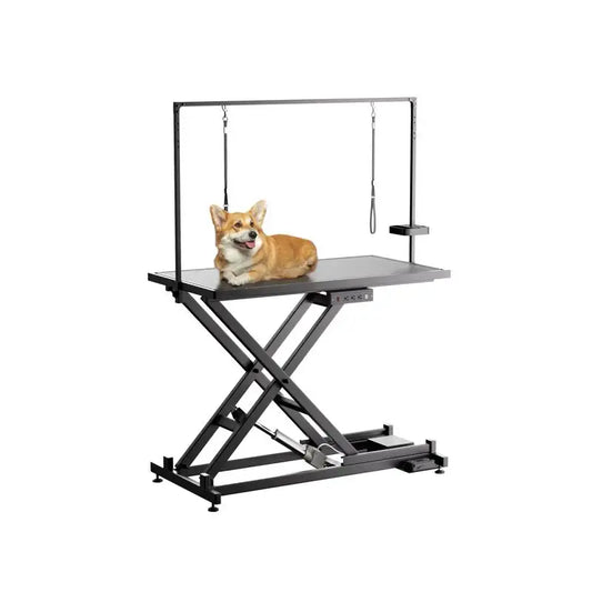 Heavy Duty Adjustable Electric Dog Grooming Table with Leveling Wheels, Anti-Slip Top, and Tool Organizer (50", Black)