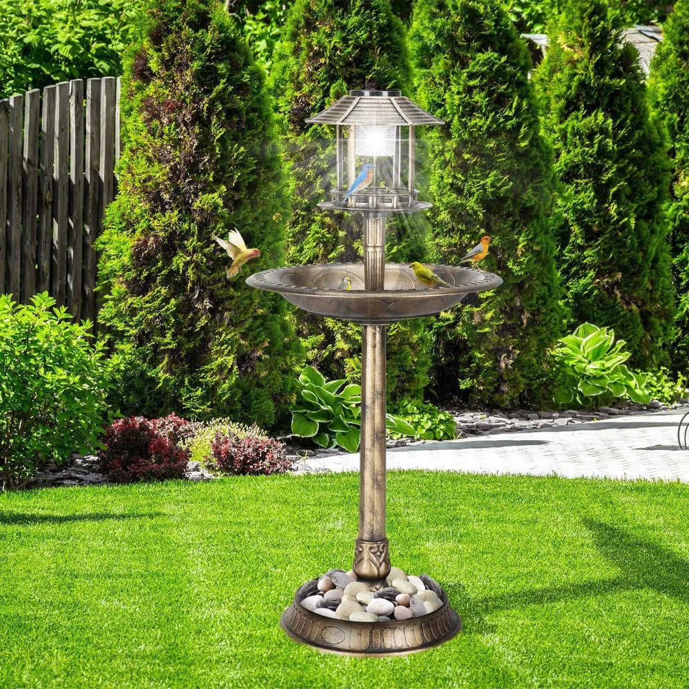 Plastic Round Bird Bath With Solar Light And Sturdy Base