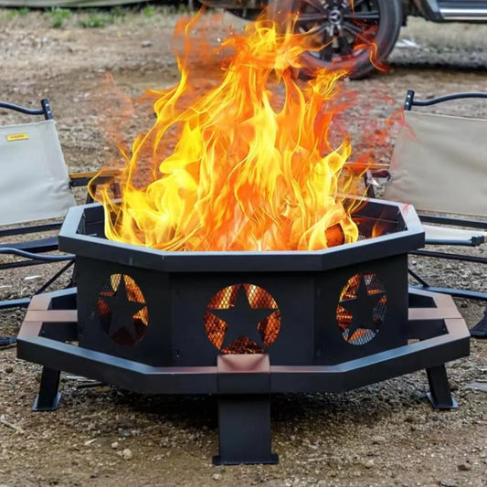 Octagonal Wood Fire Pit Heavy Duty Alloy Steel Includes Poker