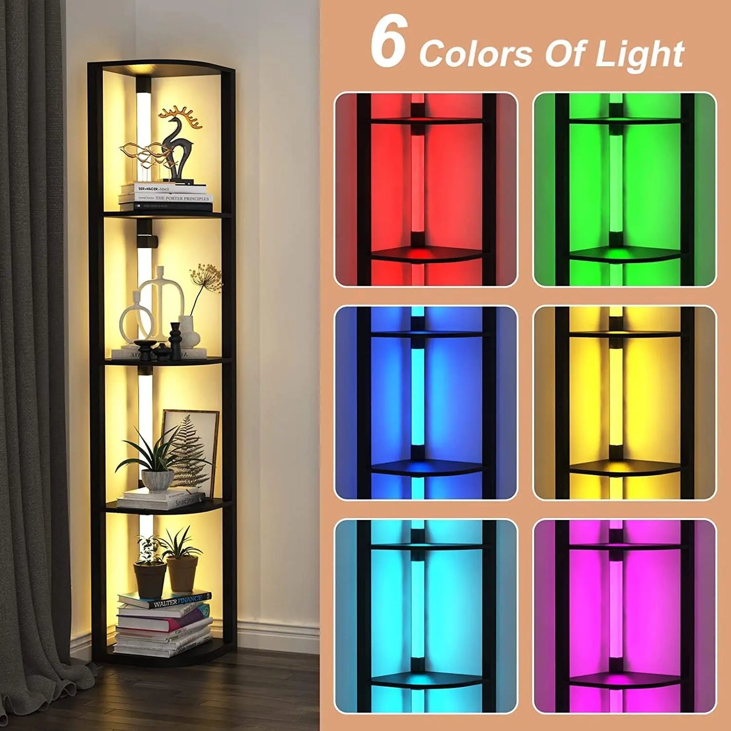 Modern Corner Shelf with LED Lights, 5-Tier Storage Display for Living Room Bedroom Small Spaces