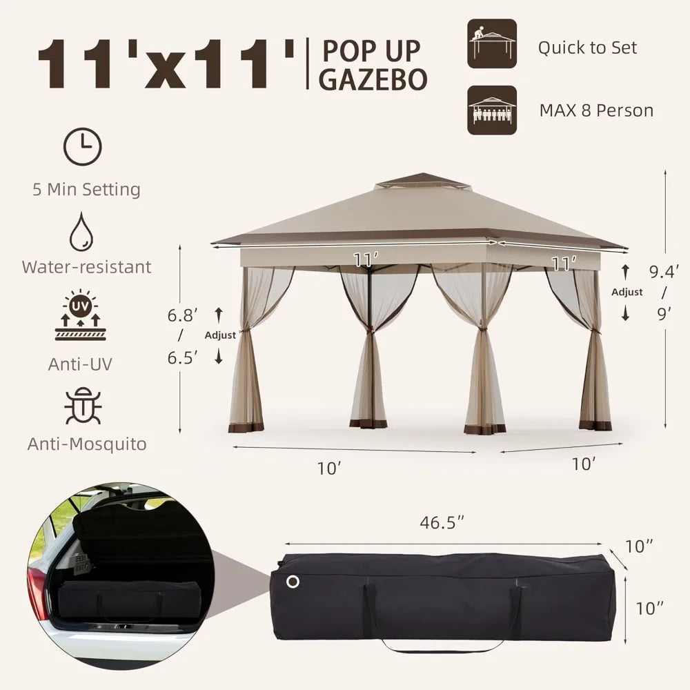 11x11 Pop Up Gazebo Tent with Mosquito Netting – Quick Set Up, Water-Resistant Outdoor Canopy for Patio, Garden, Backyard, and