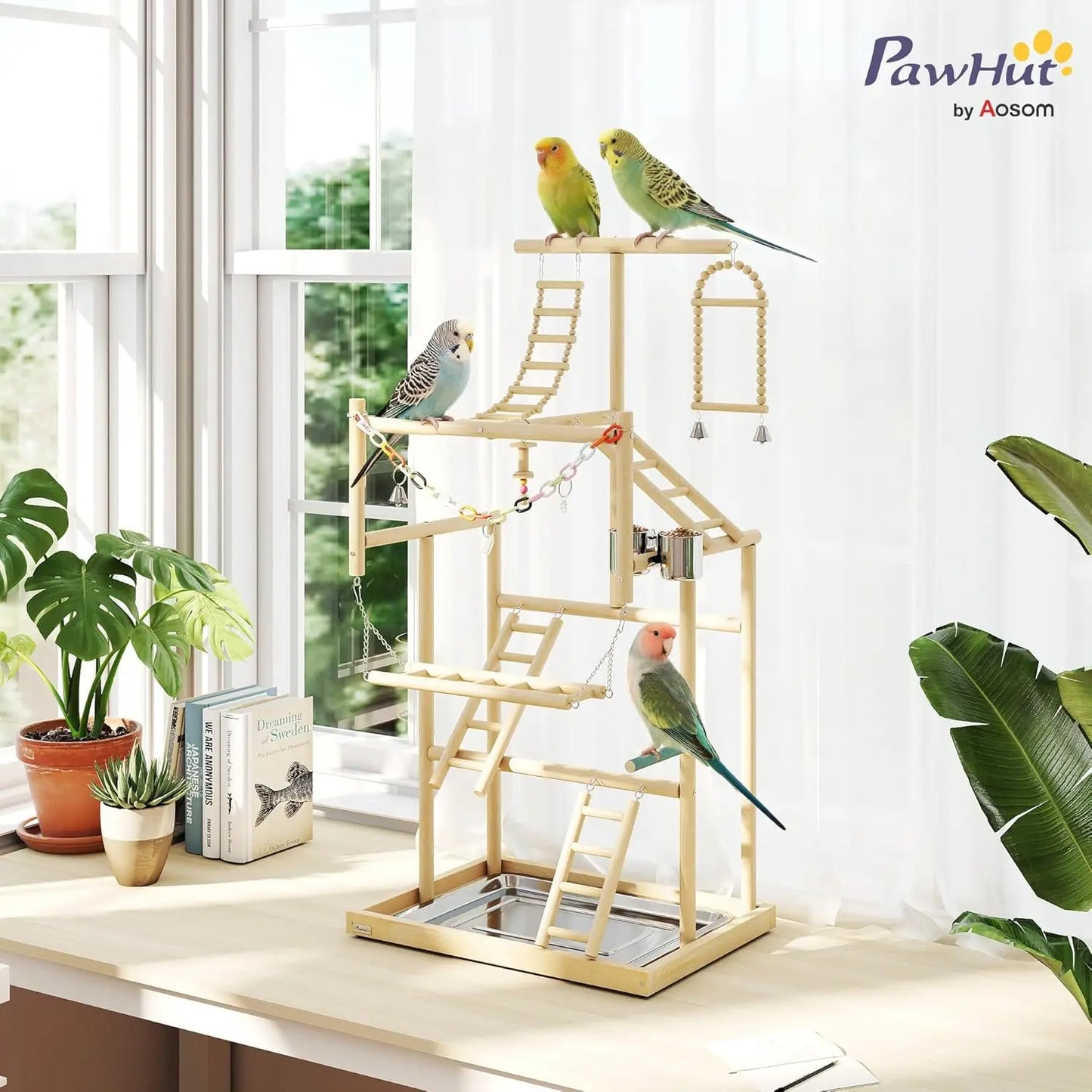 Bird Playground, 4 Layer Wooden Parrot Play Stand with Ladders, Chain Toy, Stainless Steel Cups and Tray, Bird Cage, Customized