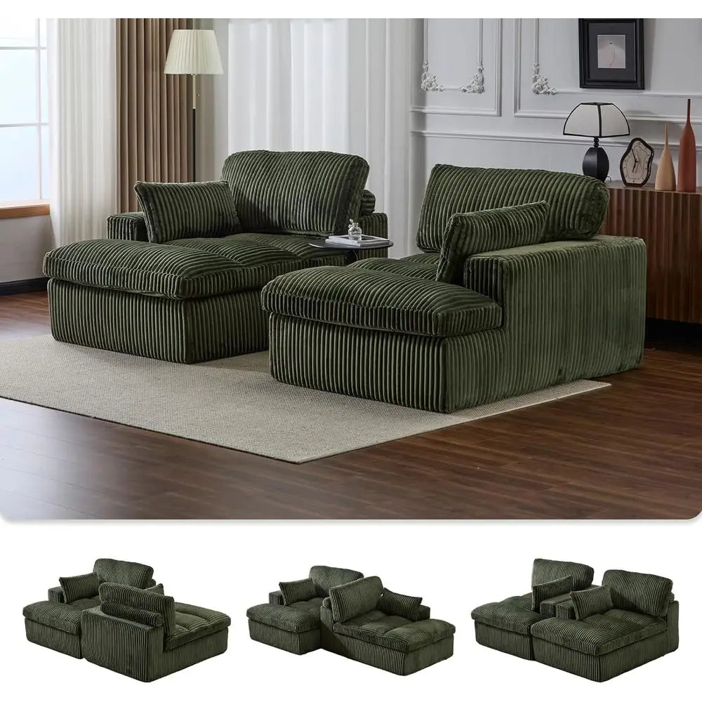 Double Chaise Lounge Sofa With Corduroy Upholstery And Sleeper Function