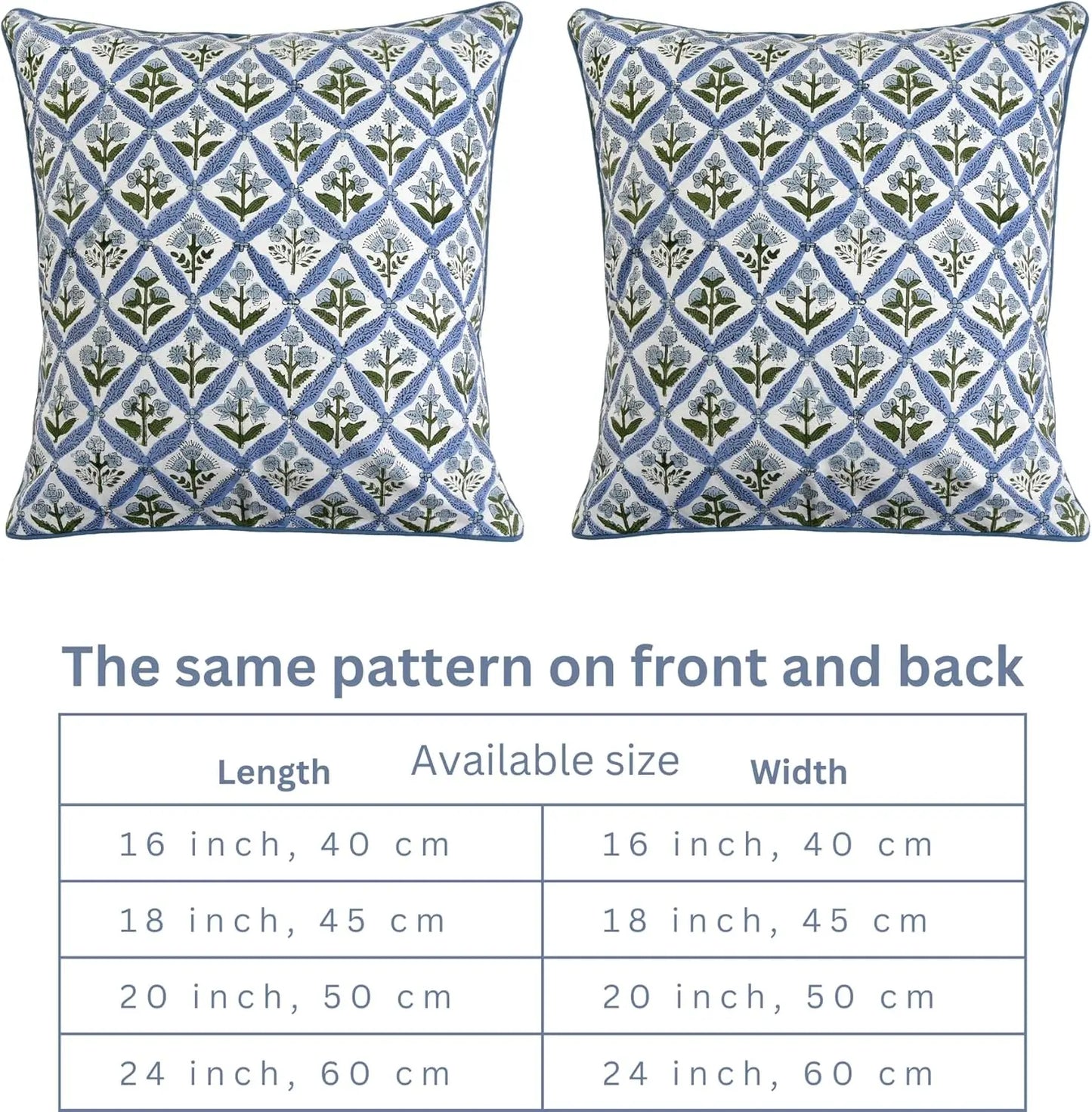 Light Steel Blue Block Print Pillow Cover 20x20 Inches Pack of 2, Decorative Boho Couch Pillows for Living Room and Outdoor Use