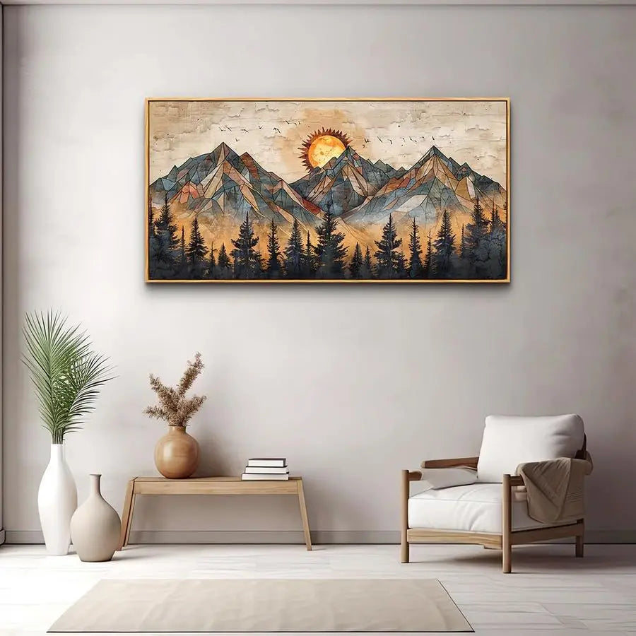 Wood Framed Wall Art Canvas Decor Abstract Boho Mountain Landscape