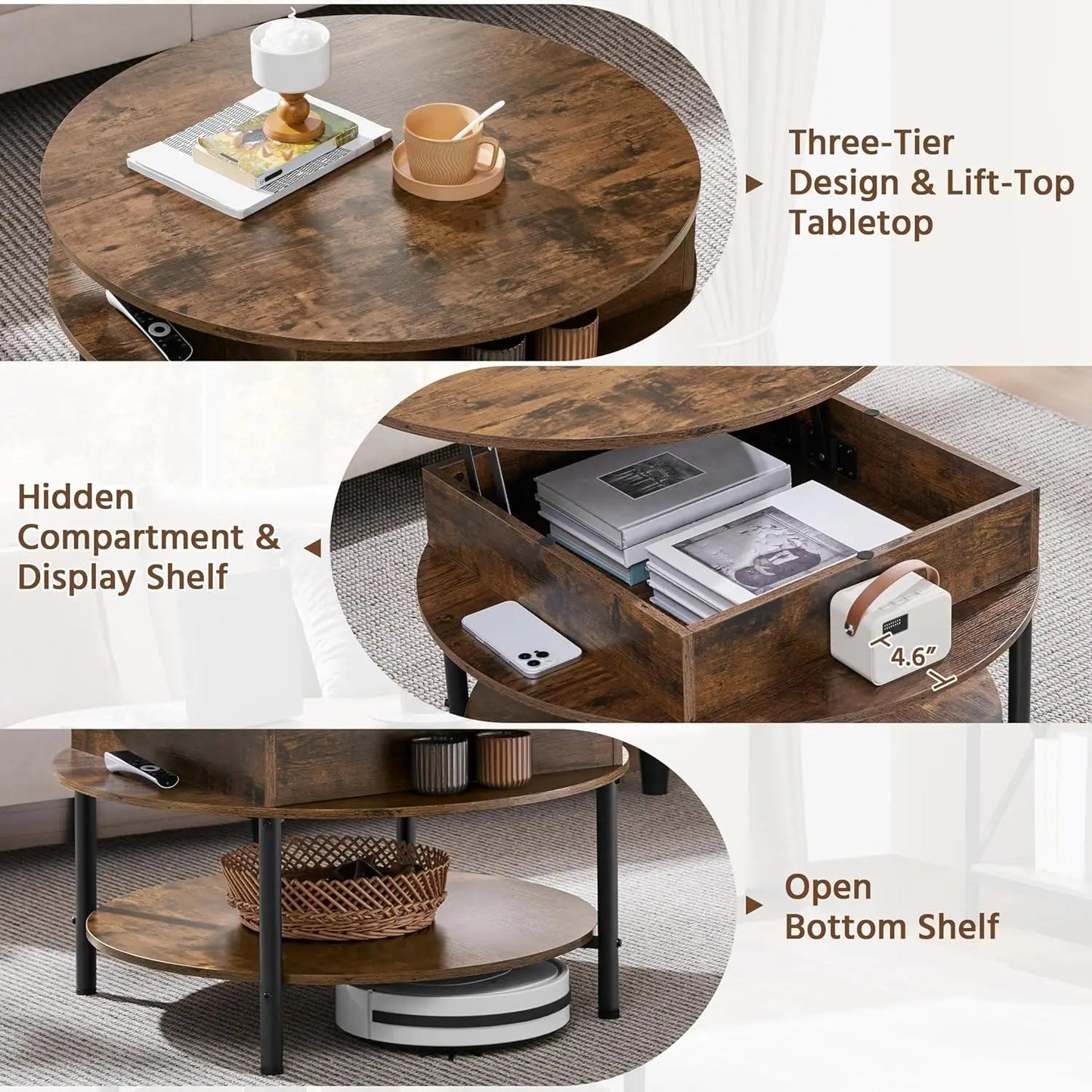 Round Lift Top Coffee Table With Hidden Compartment And Storage