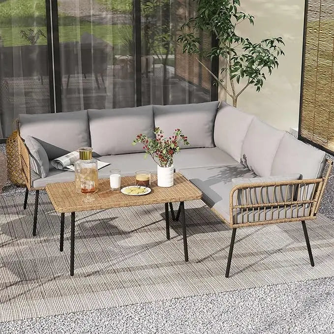 4-piece Outdoor Sectional Sofa Set, All-weather Wicker L-shaped 5-seater Patio Furniture With Removable Cushions & Side Table,
