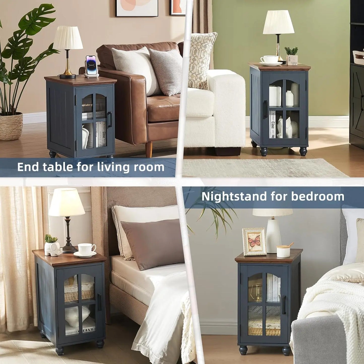 HUANZHUANG Narrow Side Table Set Of 2 With Charging Station