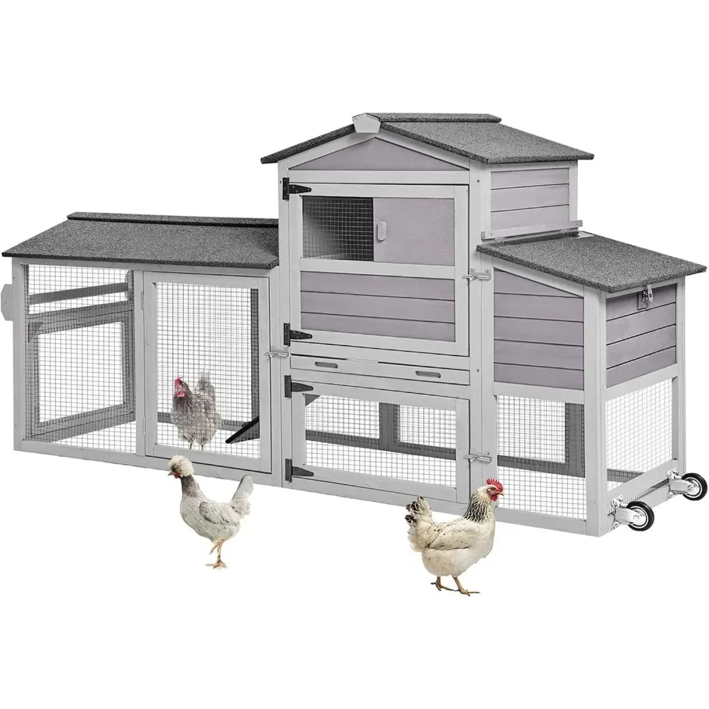 80in Chicken Coop with Wheels, Expandable Large Waterproof Chicken House for Outdoor with Nesting Box, Leakproof Pull-on Tray