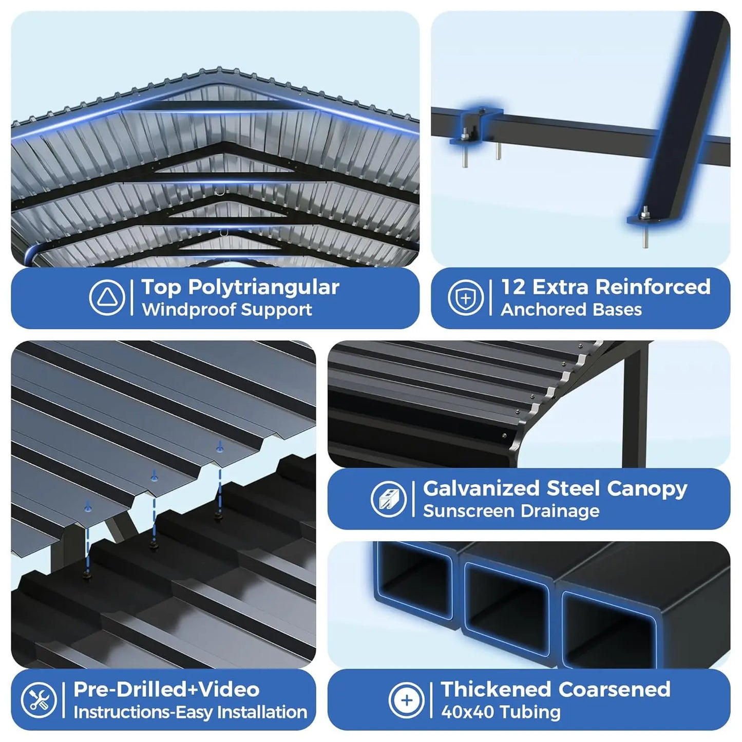 12'X20' Heavy Duty Carport Canopy Galvanized Steel Roof with Reinforced Stable Triangle Frame for Snowy Conditions,Customized