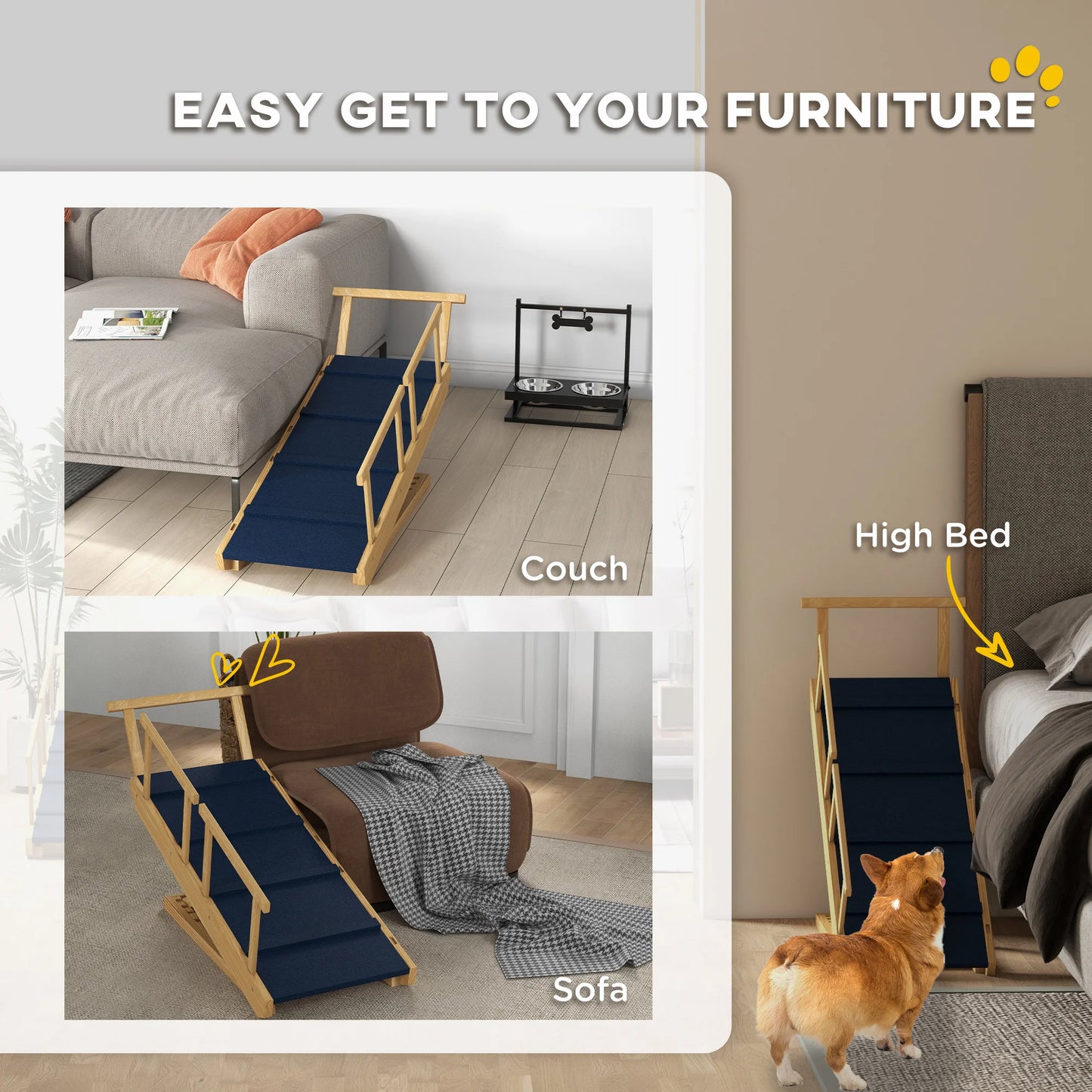 Adjustable Wooden Dog Ramp for Bed and Couch Foldable Pet Ramp with Non Slip Mat for Large Senior Dog Up To 88 Lbs Easy Assembly