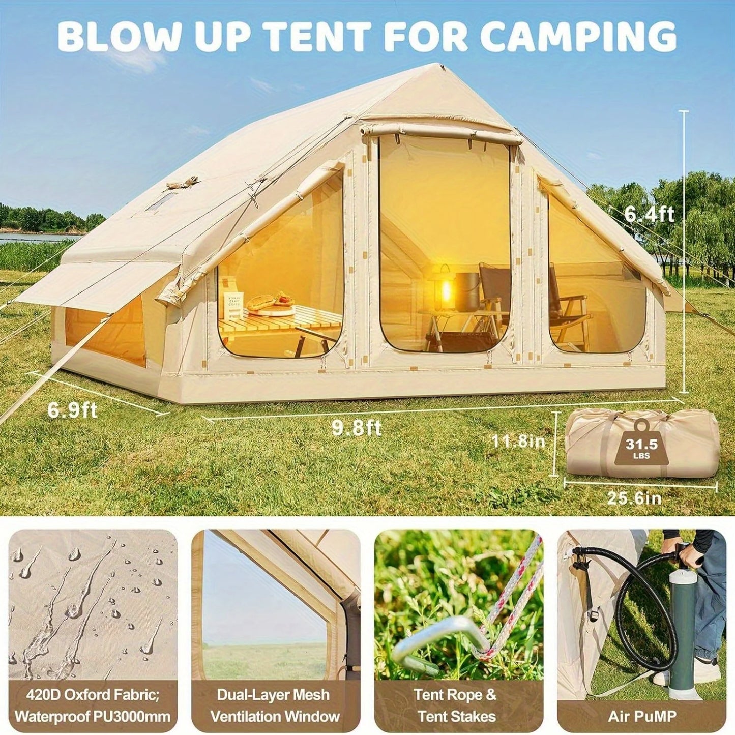 Inflatable Family Tent For Up To Six With Skylight And Waterproof Oxford Cloth