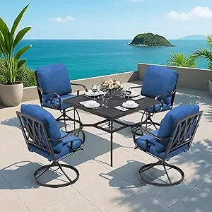 5 Pcs Outdoor Dining Set, 4 Swivel Rocker Chairs with Thick Cushions & Square Dining Table with Umbrella Hole, Patio Furniture