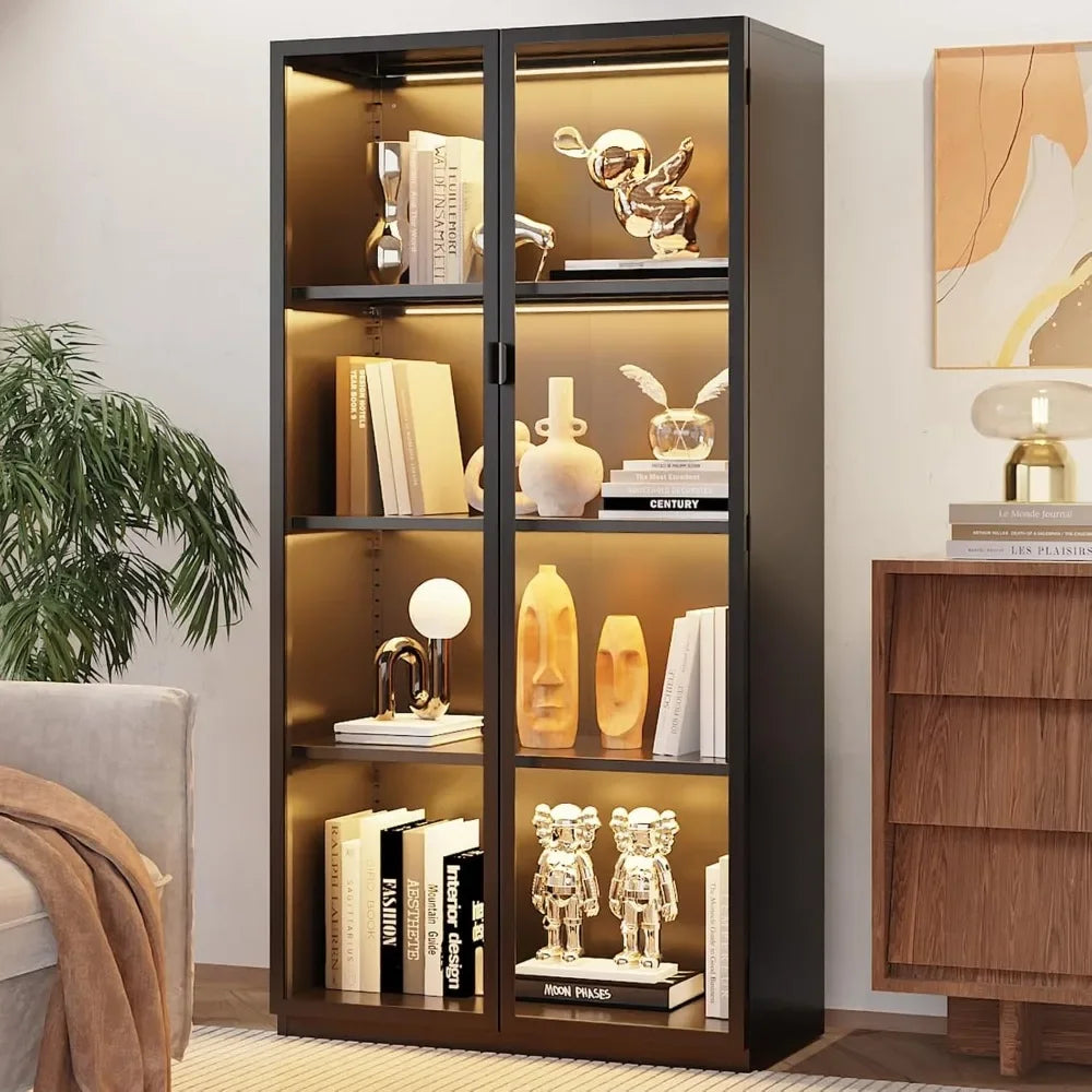 Display Cabinet with Glass Doors LED Lights and Adjustable Shelves