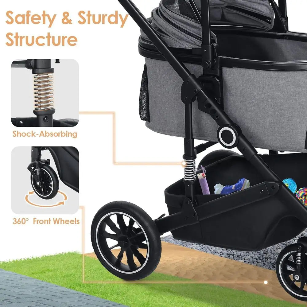 4-Wheel Folding Pet Stroller for Small/Medium Dogs & Cats up to 50lbs, Lightweight Travel Carrier with Detachable Cushion