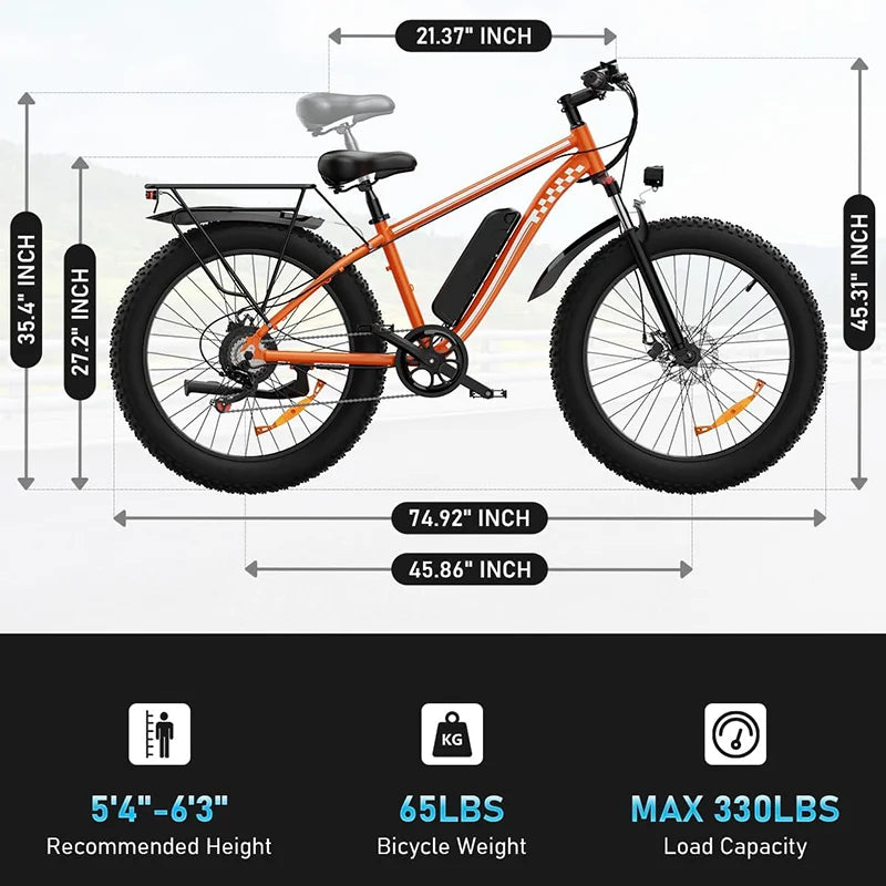 Electric Fat Tire Bike 1000W 48V 15Ah Disc Brake Ebike