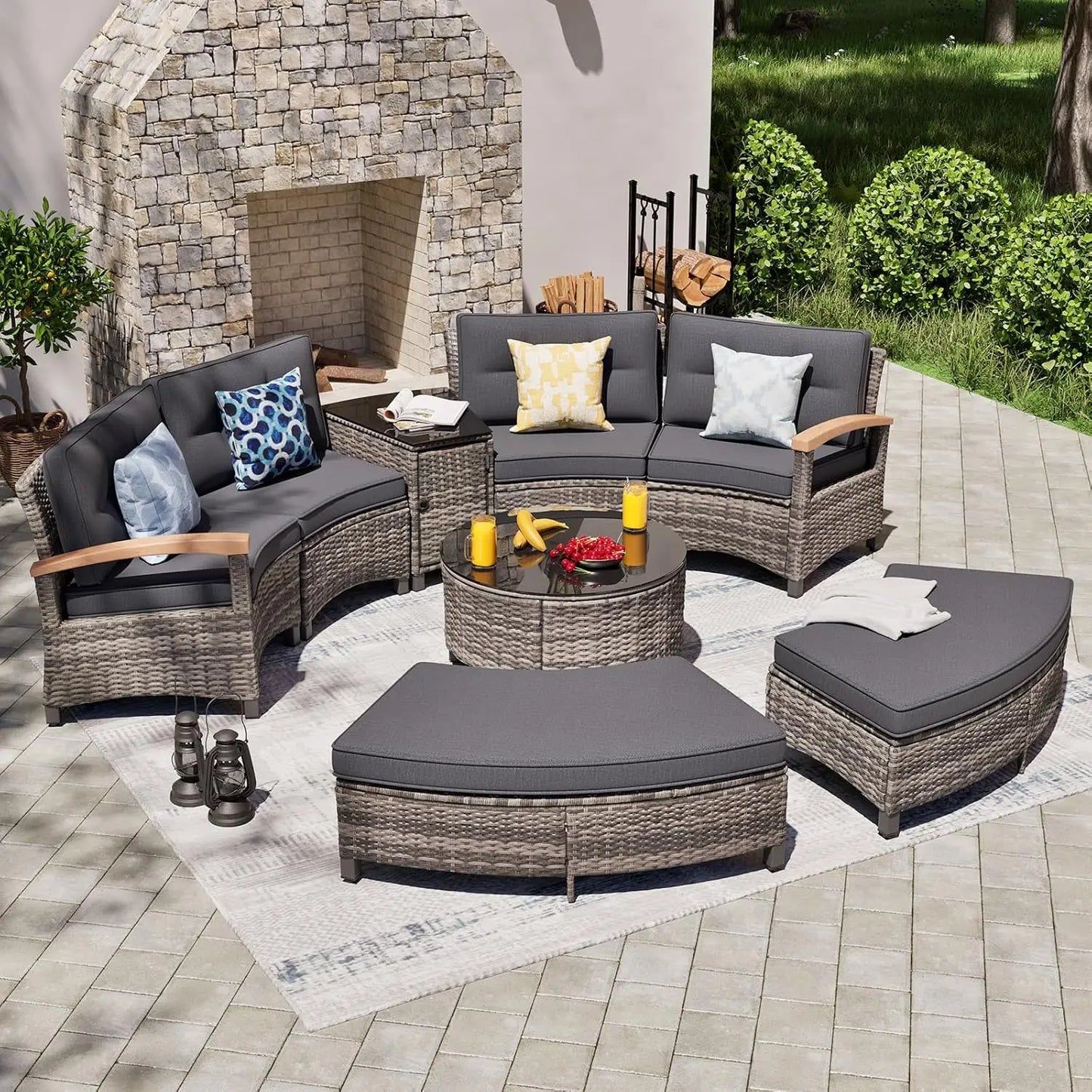 8 Piece Outdoor Patio Furniture Set, Half-Moon Curved Sectional Set With Wood Armrests, Patio Conversation Set, 2, Customized