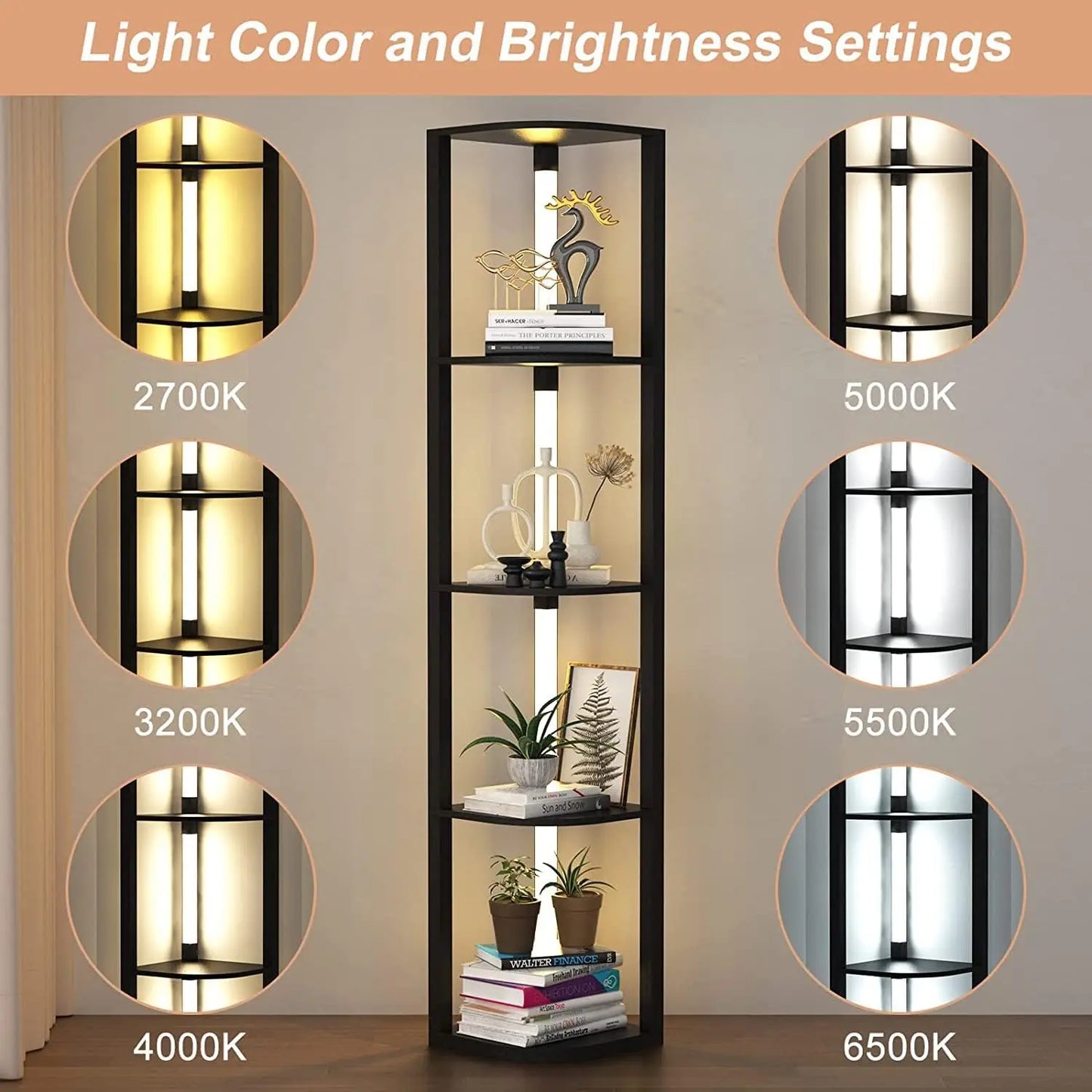 Modern Corner Shelf with LED Lights, 5-Tier Storage Display for Living Room Bedroom Small Spaces