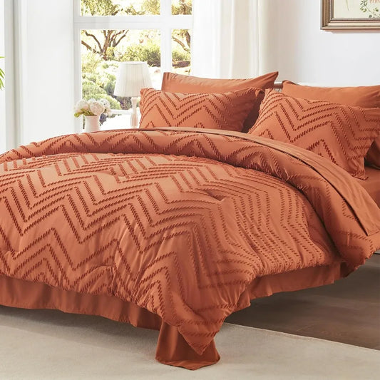 King Bed in a Bag 7 Pieces Burnt Orange Tufted Comforter Set with Comforter Pillow Shams Pillowcases Flat Sheet Fitted Sheet
