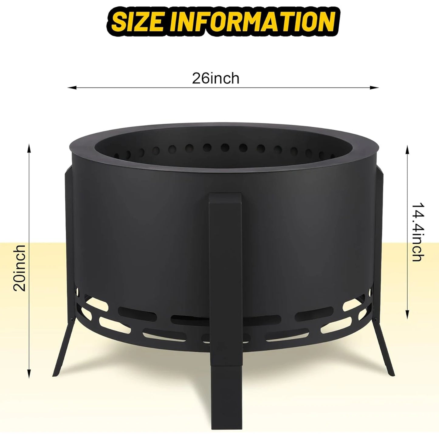 26 Inch Smokeless Firepit- Low Smoke Outdoor Fire Pit with Folding Feet, Multi-Fuel Wood Pellets Charcoal,for Camping Backyard