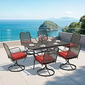 5 Pcs Outdoor Dining Set, 4 Swivel Rocker Chairs with Thick Cushions & Square Dining Table with Umbrella Hole, Patio Furniture