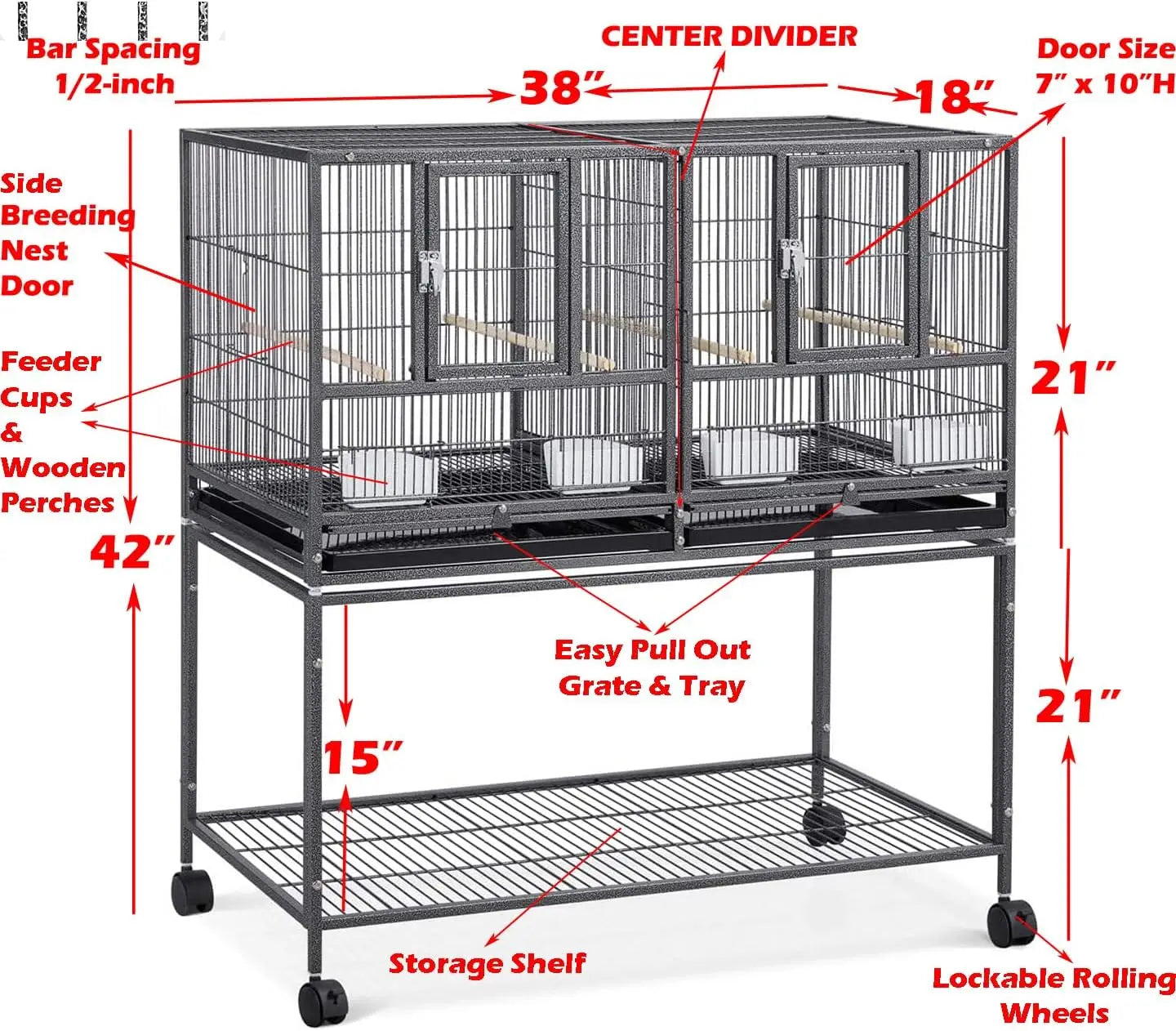 Combo Breeding Stacker Center Divided Breeder Bird Flight Double Rolling Cage with Side Breeding Nest