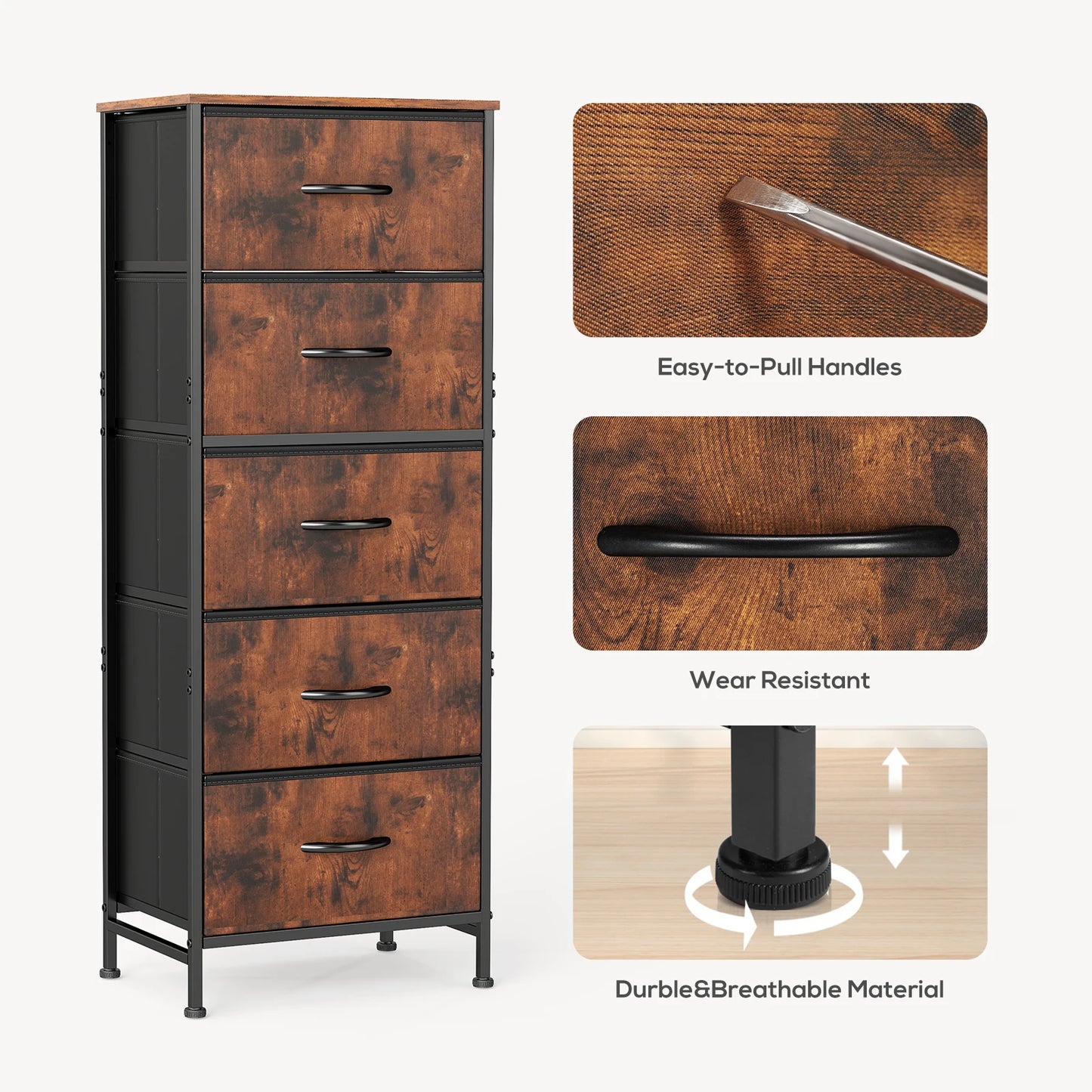 JHK Five Fabric Drawers Bedroom Dresser With Steel Frame