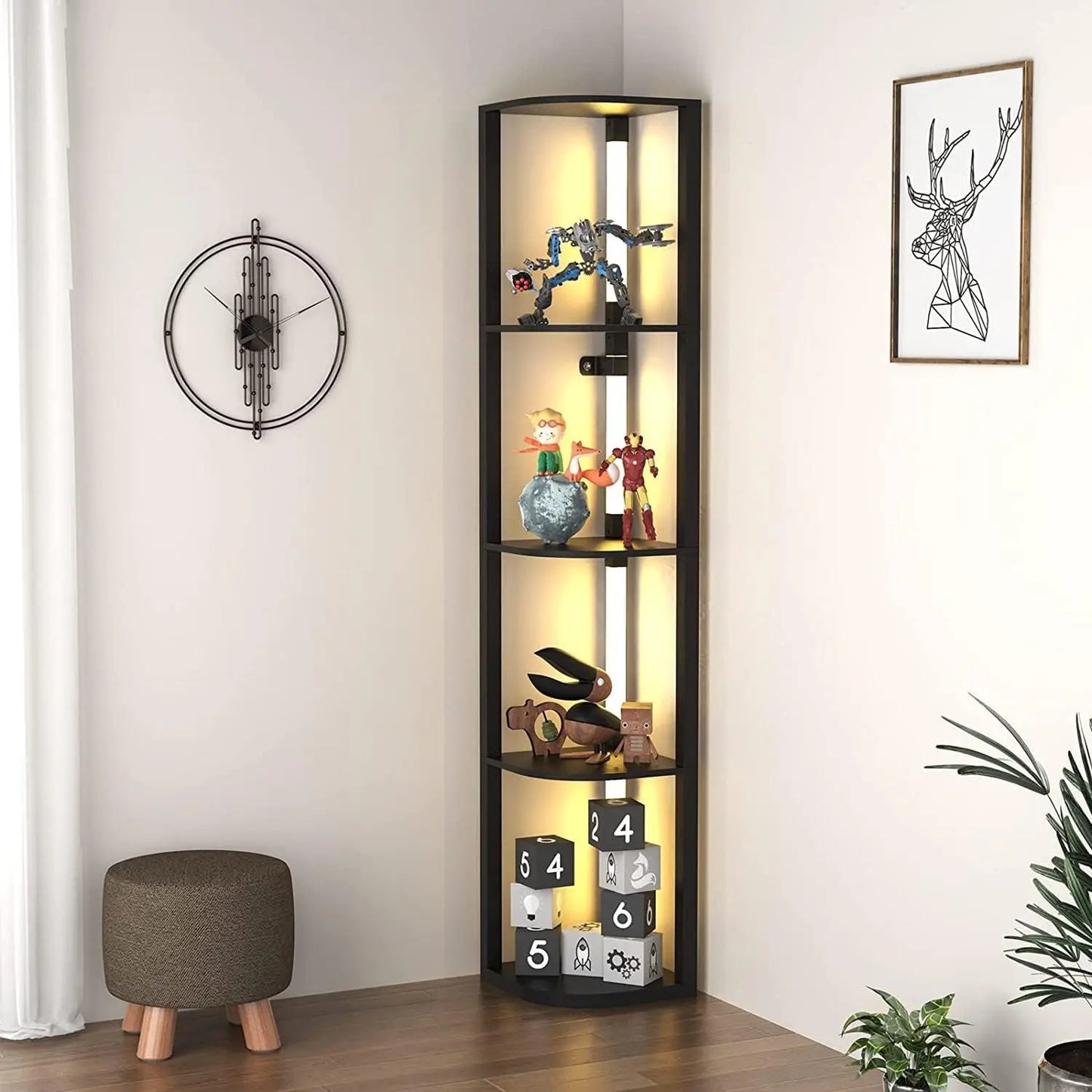 Modern Corner Shelf with LED Lights, 5-Tier Storage Display for Living Room Bedroom Small Spaces