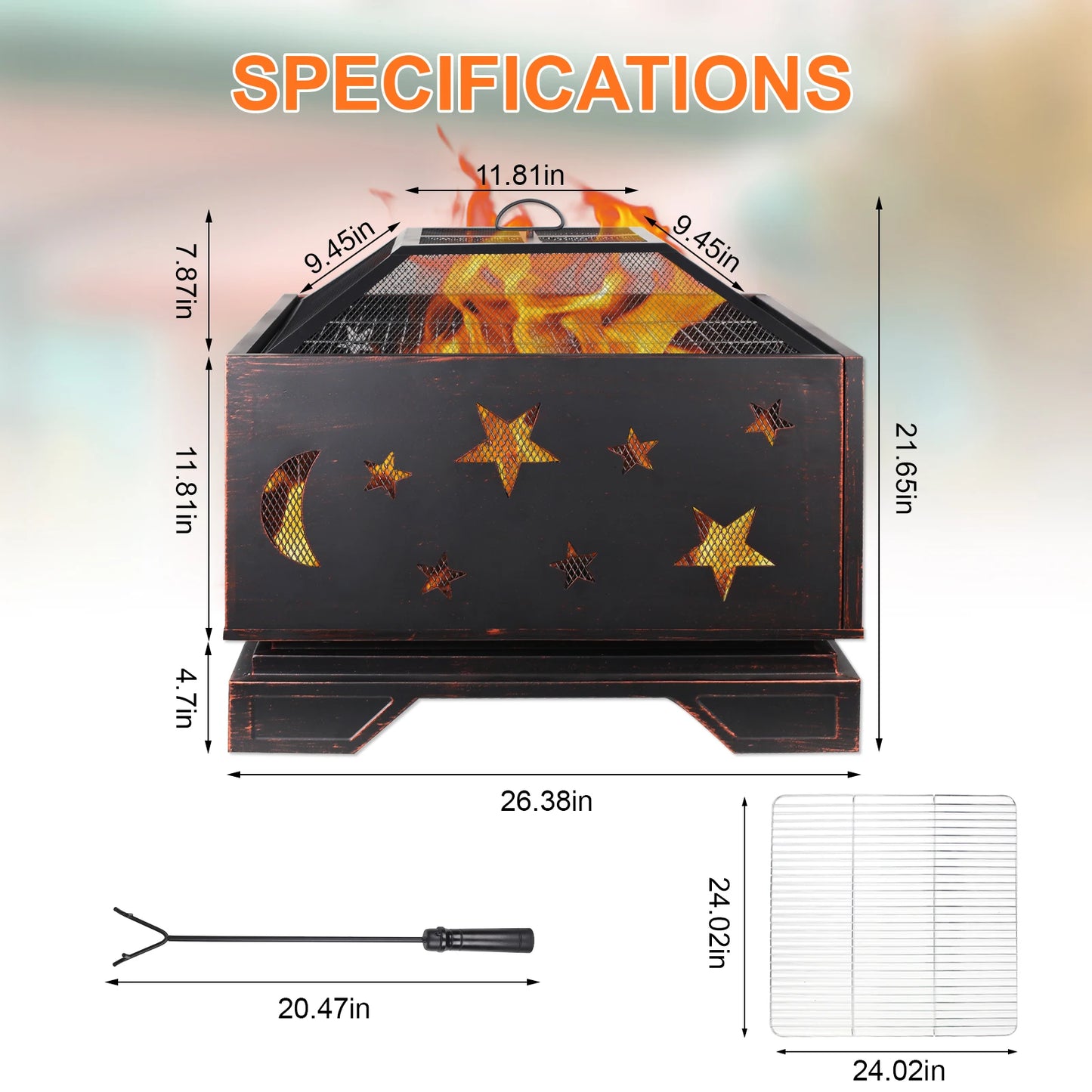 Square Wood Burning Fire Pit With Grill And Spark Screen