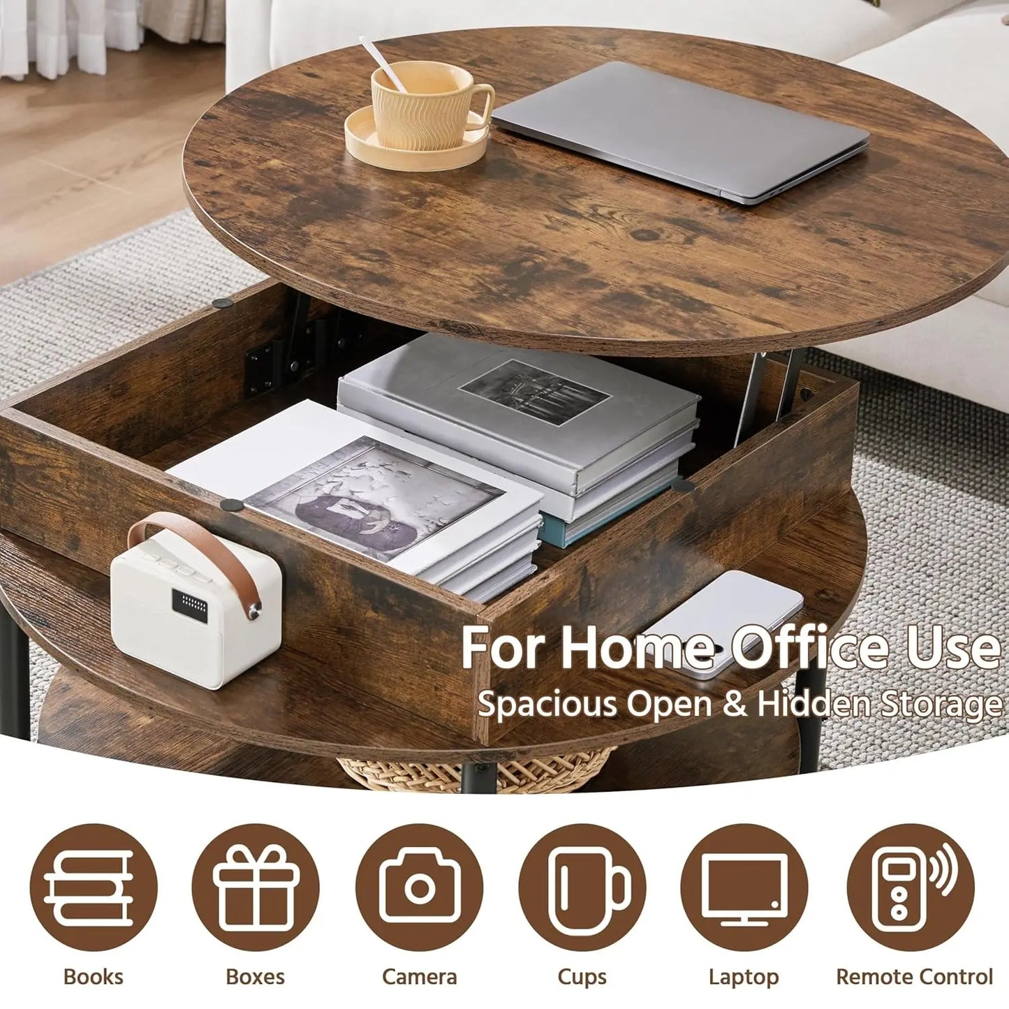 Round Lift Top Coffee Table With Hidden Compartment And Storage
