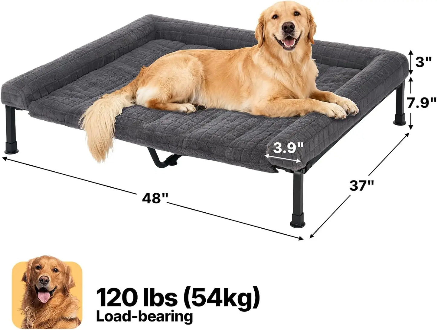 Elevated Dog Bed Large Sized with Fluffy Plush Bolster Cushion, Washable Orthopedic Dog Couch Bed, Cooling Raised Pet Cot