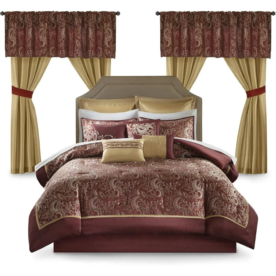 King Size Faux Silk Comforter Set with Jacquard Paisley Design and Matching Curtains Red Down Alternative Hypoallergenic All Se