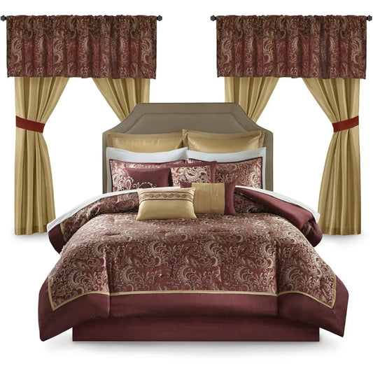 King Size Faux Silk Comforter Set with Jacquard Paisley Design and Matching Curtains Red Down Alternative Hypoallergenic All Se