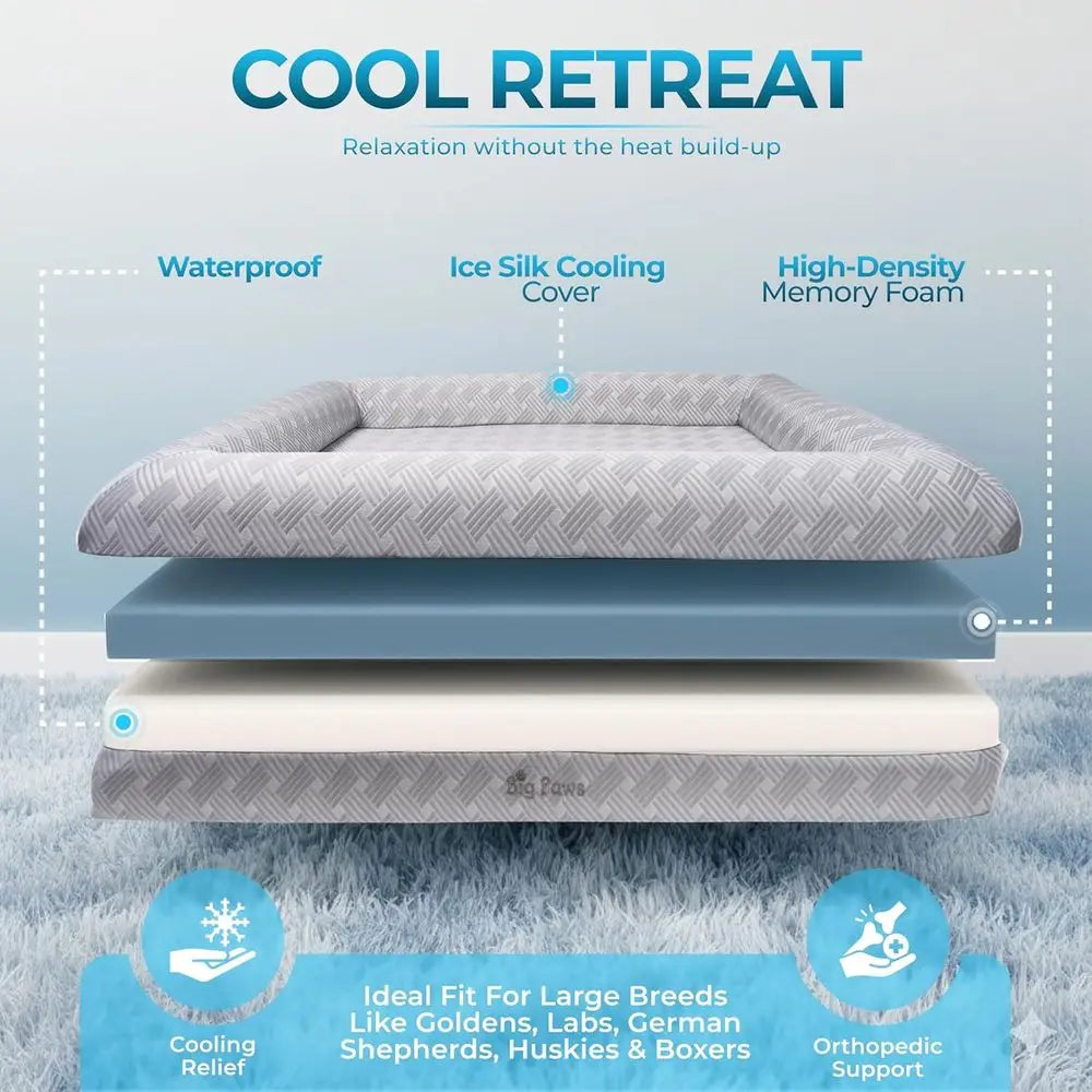 XL Orthopedic Cooling Dog Bed for Large & Senior Dogs - High-Density Foam, Waterproof, Washable, Non-Slip, Raised Bolster for Jo
