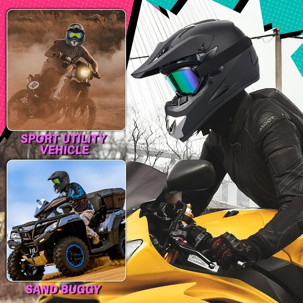 Off Road Motorcycle Full Face Helmet Set Goggles Mask DOT