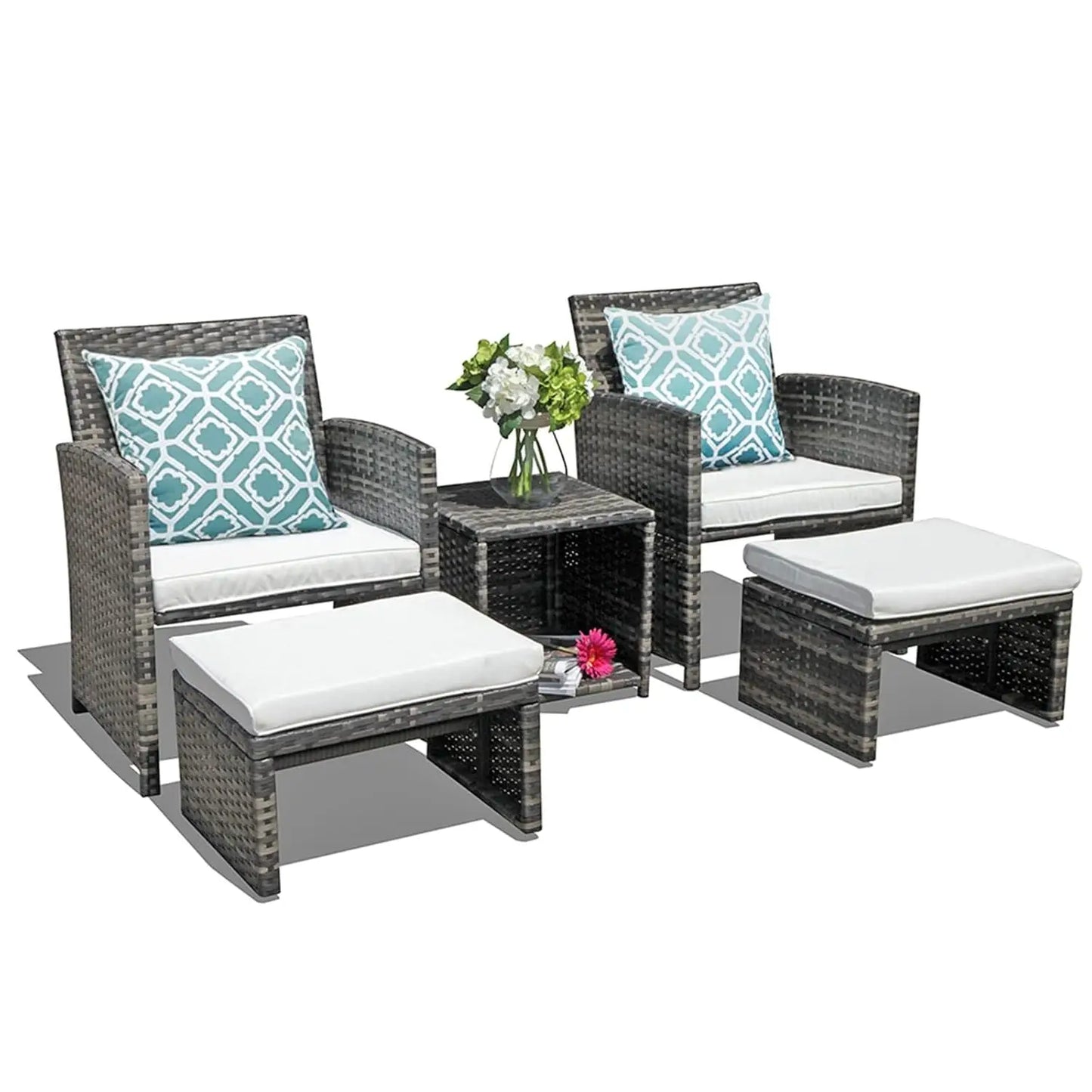 5 Piece Patio Set Wicker Outdoor Conversation Chair And Ottoman